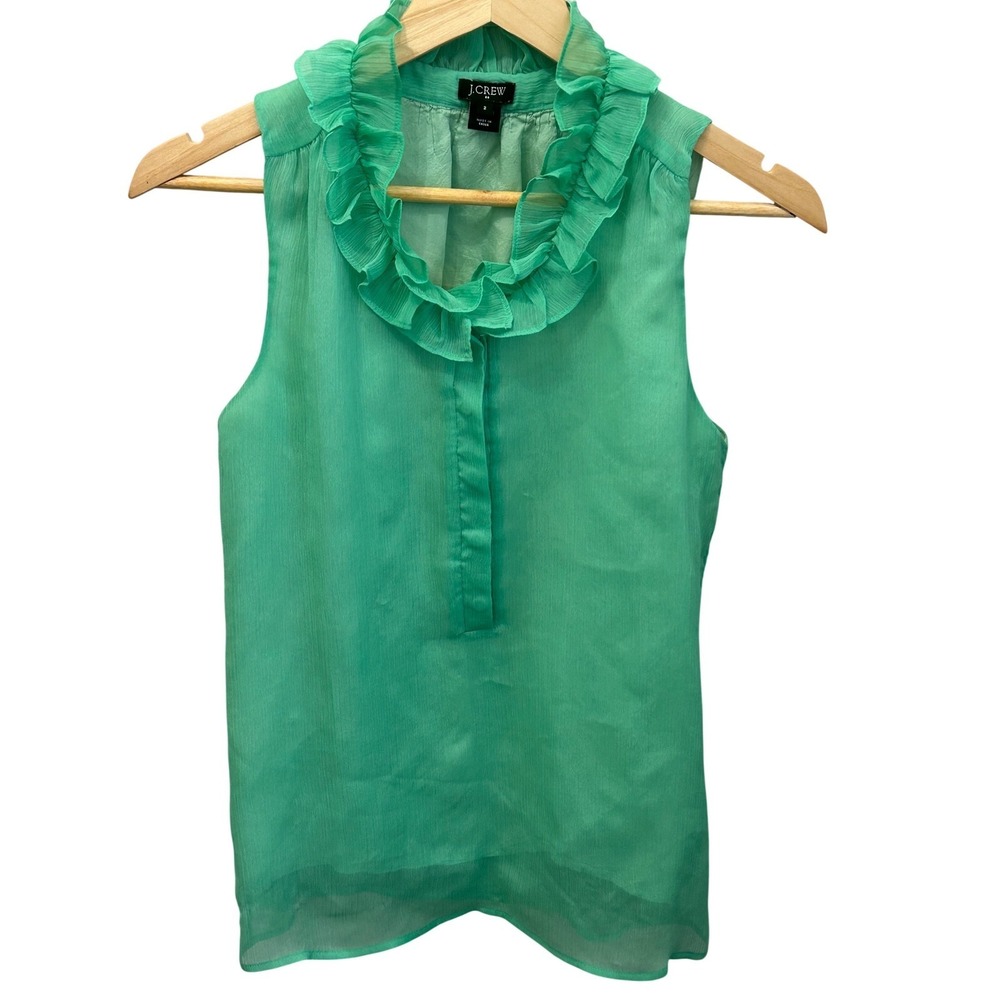 J. Crew Sleeveless Ruffle Neck Sheer Blouse Green Size 2
